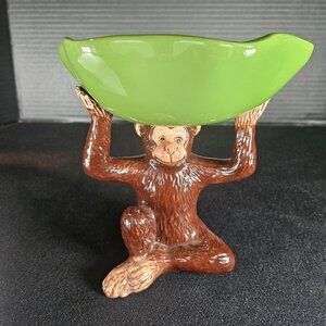 Vintage Vigor Ceramic Monkey Holding A Green Bowl On Its Head